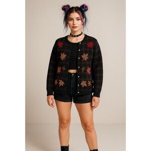 Vintage 90s Novelty Fall Leaves‎ Oversized Cardigan Womens L Grandmacore Granny